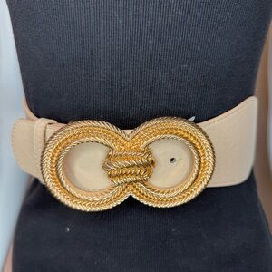 Beige PU leather elastic waistband double circle buckle belt